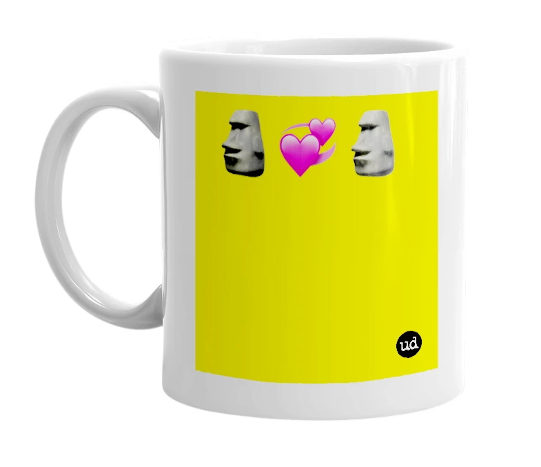 White mug with '🗿💞🗿' in bold black letters