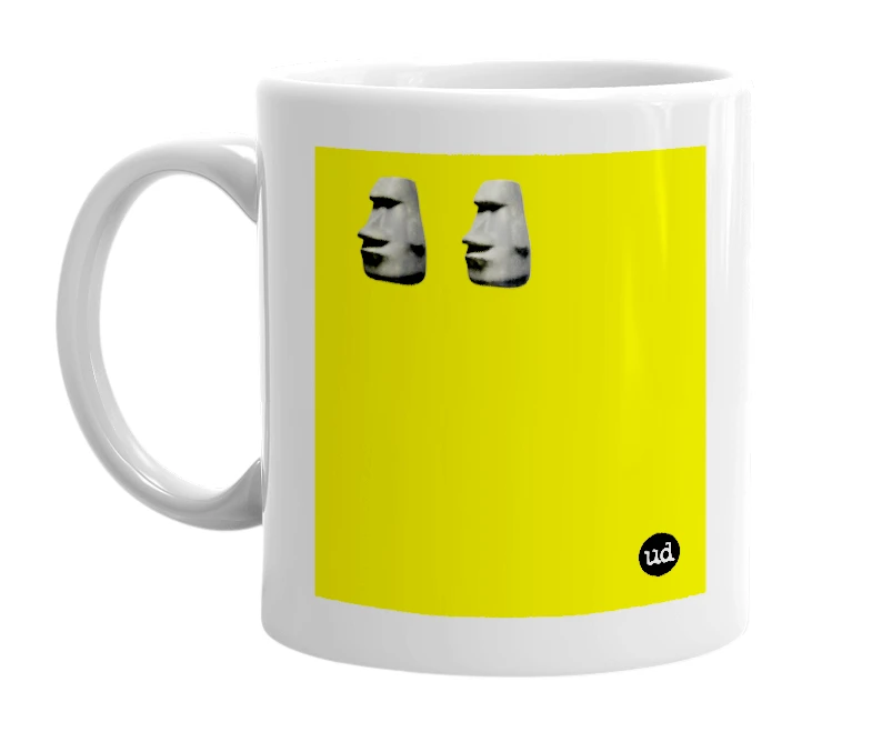White mug with '🗿🗿' in bold black letters