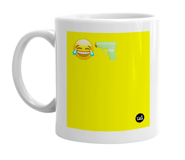 White mug with '😂🔫' in bold black letters