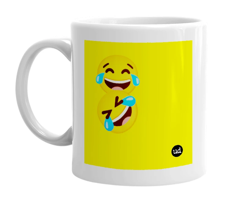 White mug with '😂🤣' in bold black letters