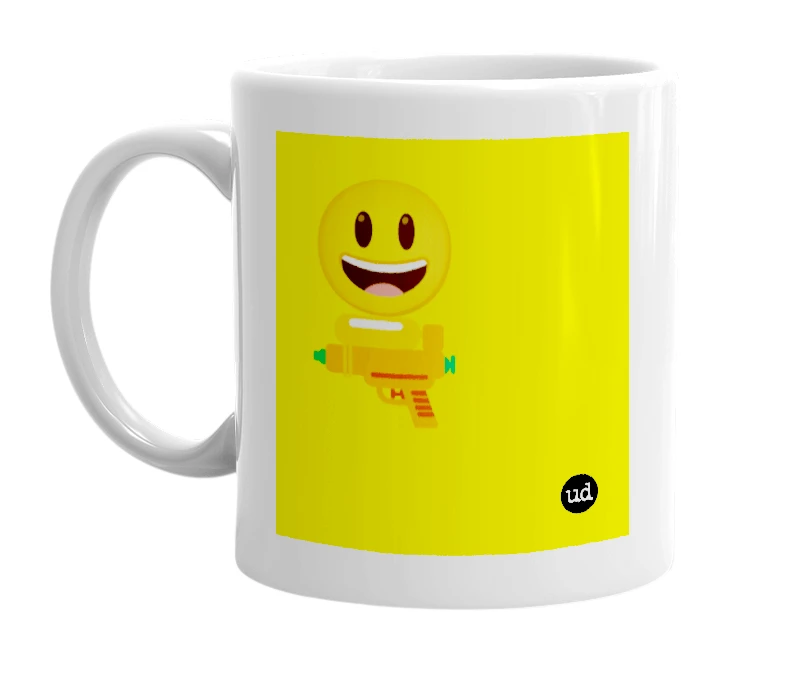White mug with '😃🔫' in bold black letters