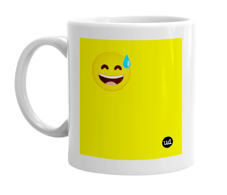 White mug with '😅' in bold black letters