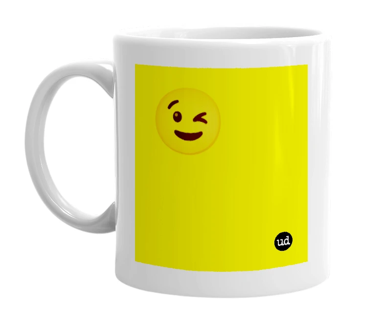 White mug with '😉' in bold black letters