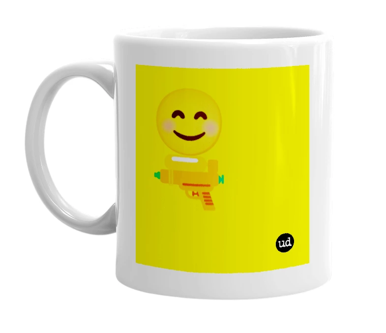 White mug with '😊🔫' in bold black letters