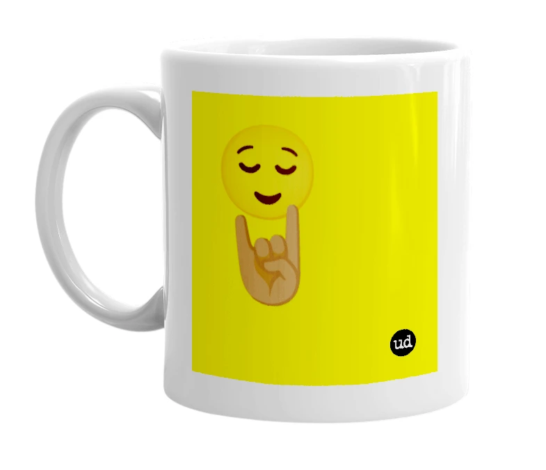 White mug with '😌🤘🏾' in bold black letters
