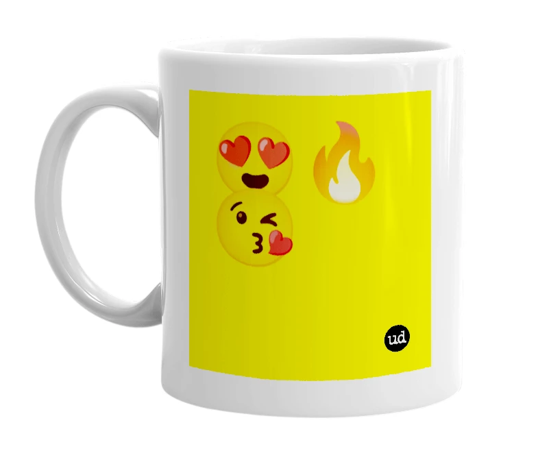 White mug with '😍🔥😘' in bold black letters