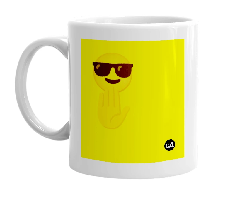 White mug with '😎✋' in bold black letters