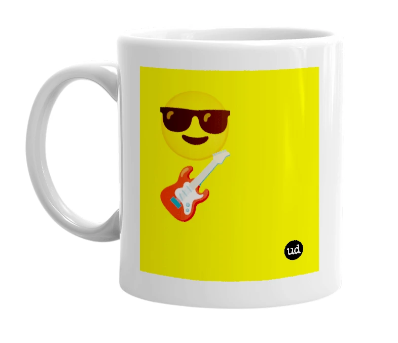 White mug with '😎🎸' in bold black letters