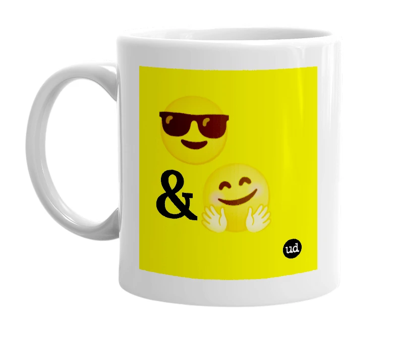 White mug with '😎 &🤗' in bold black letters