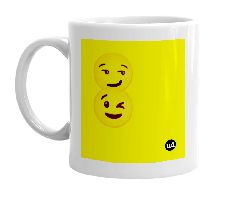White mug with '😏😉' in bold black letters