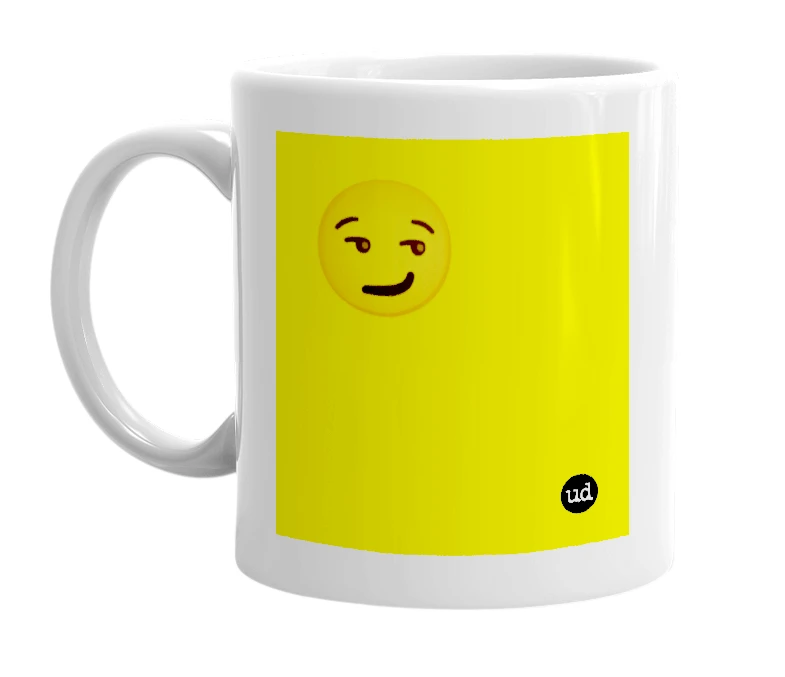 White mug with '😏' in bold black letters