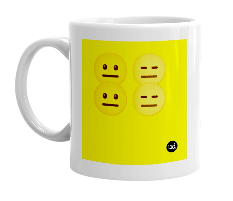 White mug with '😐😑😐😑' in bold black letters