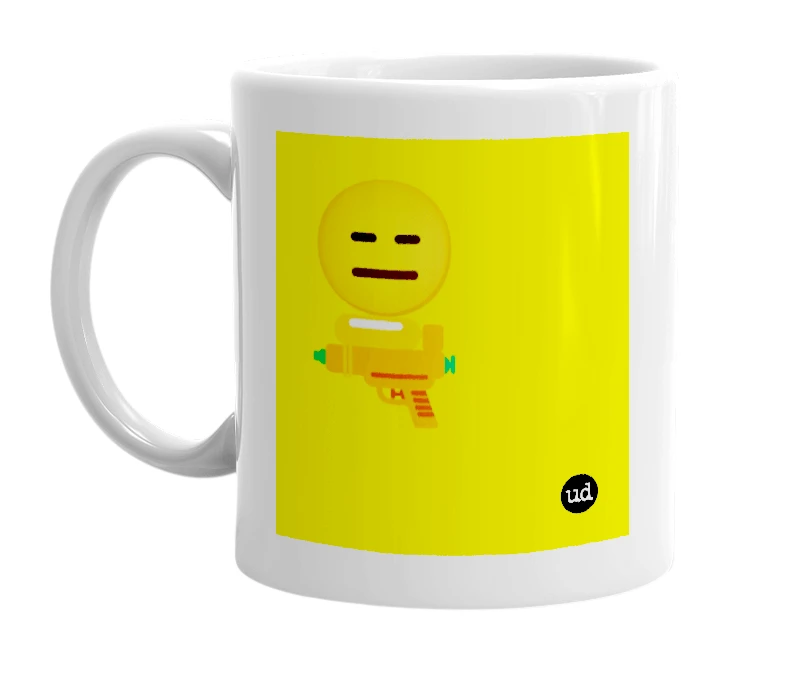 White mug with '😑🔫' in bold black letters