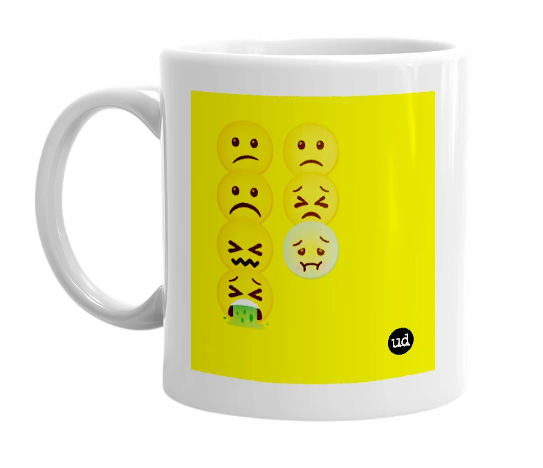 White mug with '😕🙁☹️😣😖🤢🤮' in bold black letters