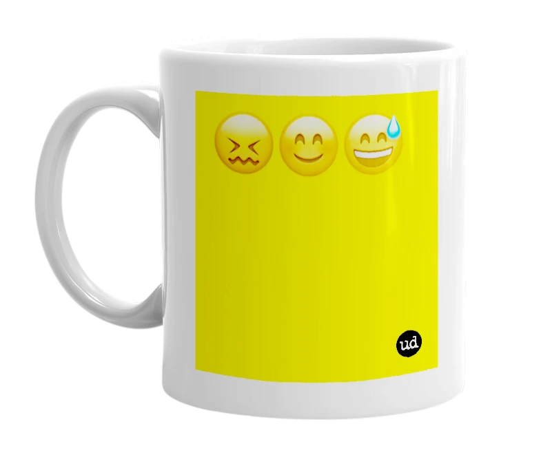 White mug with '😖😊😅' in bold black letters