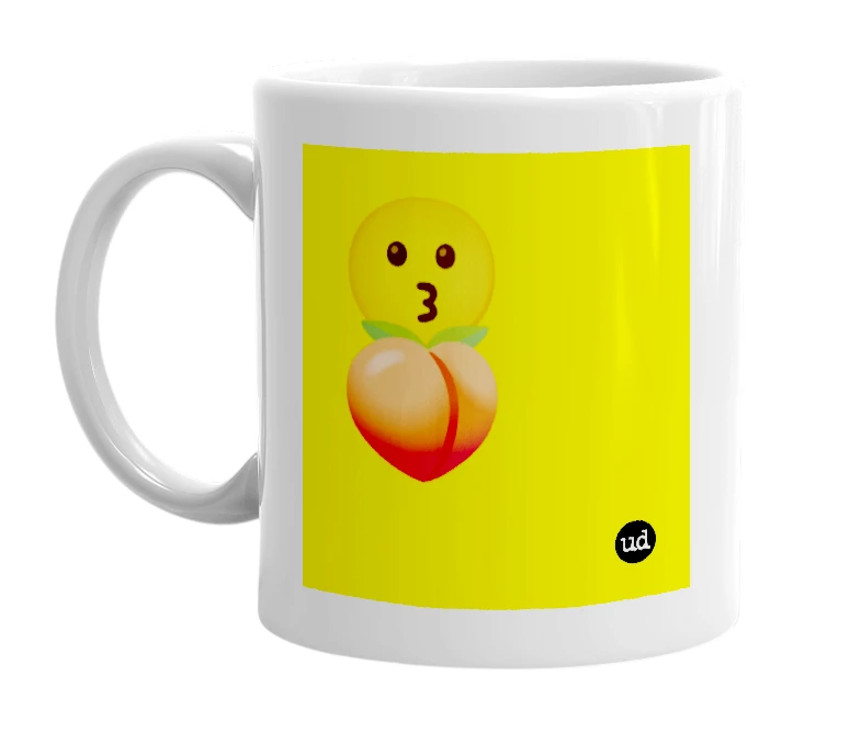 White mug with '😗🍑' in bold black letters