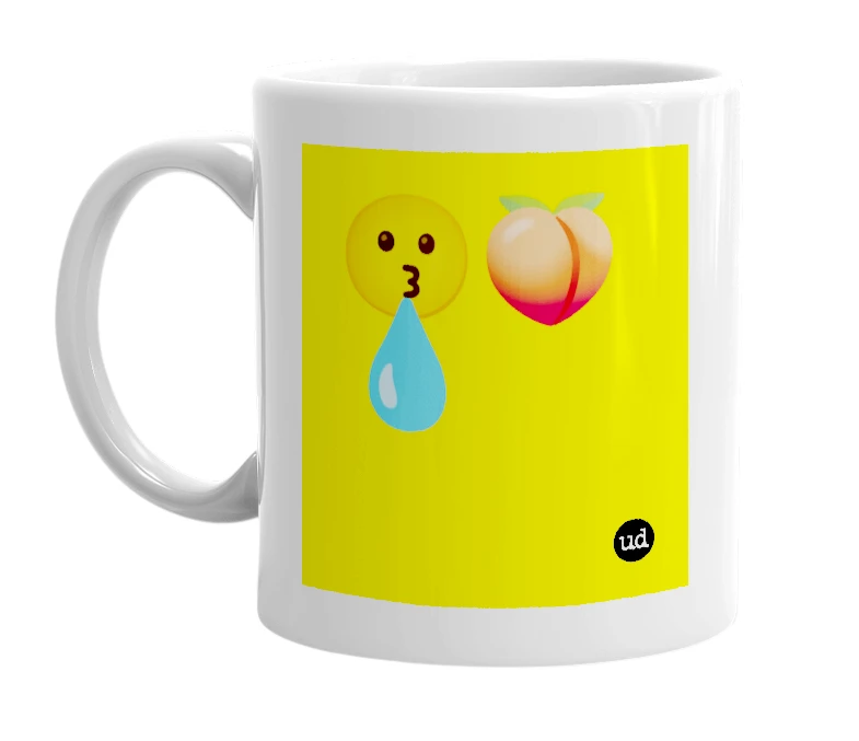 White mug with '😗🍑💧' in bold black letters