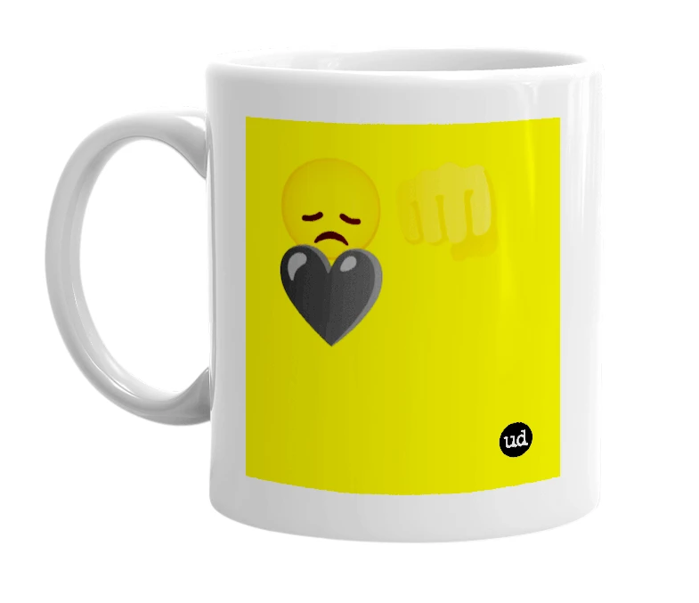 White mug with '😞👊🖤' in bold black letters