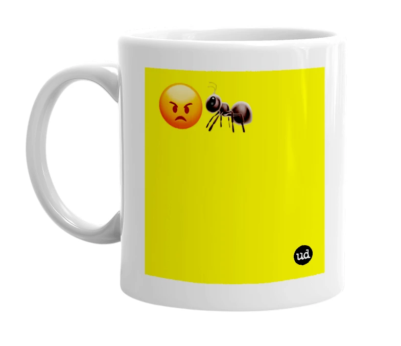 White mug with '😡🐜' in bold black letters