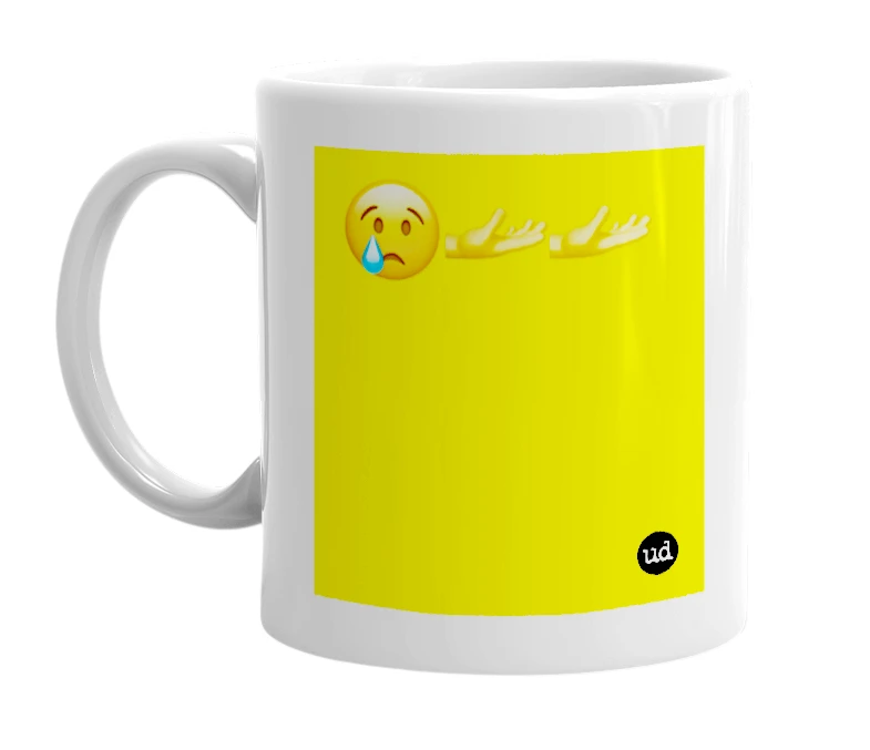White mug with '😢🫴🫴' in bold black letters