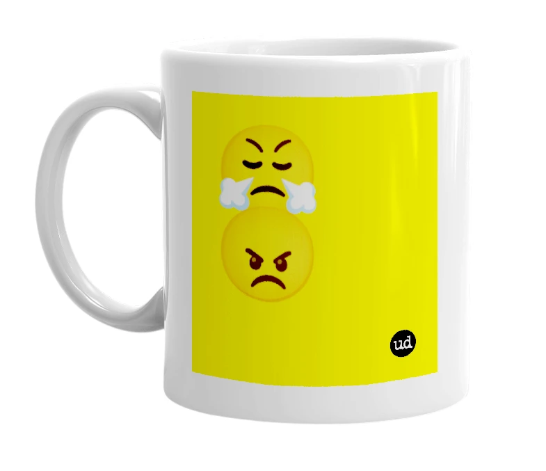 White mug with '😤😠' in bold black letters