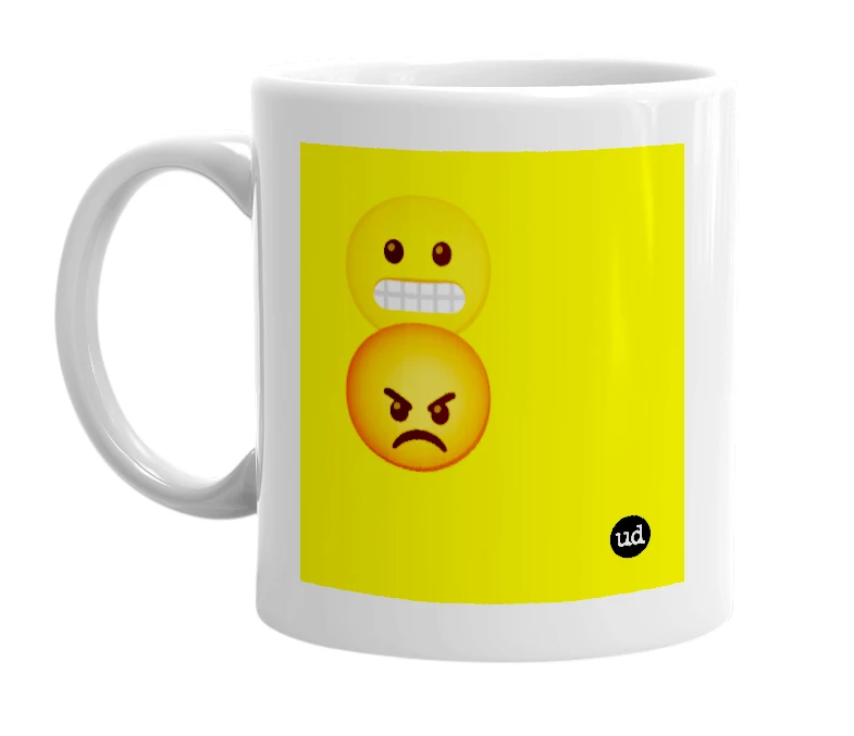 White mug with '😬😡' in bold black letters