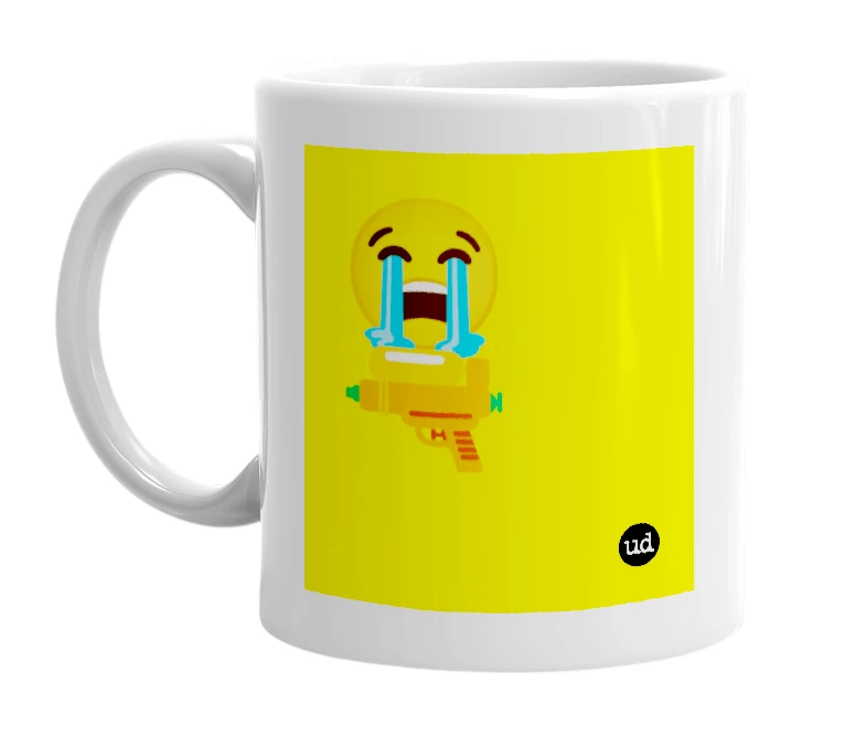 White mug with '😭🔫' in bold black letters
