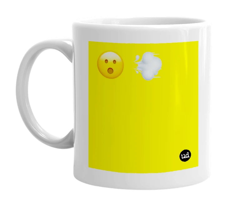 White mug with '😮 💨' in bold black letters