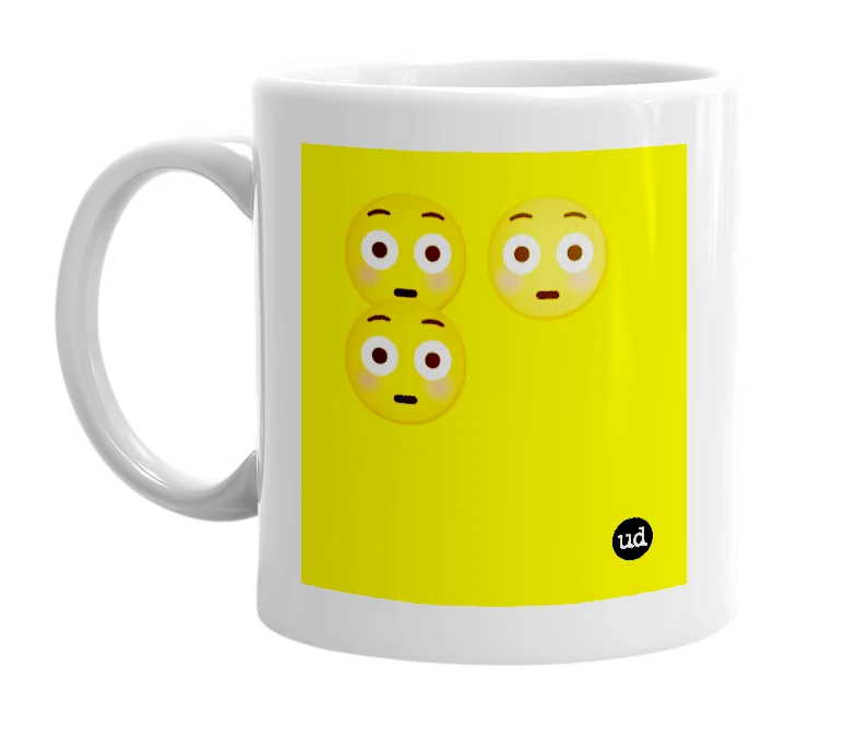 White mug with '😳😳😳' in bold black letters