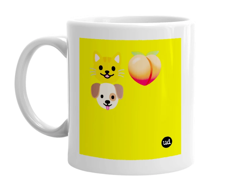 White mug with '😺🍑🐶' in bold black letters