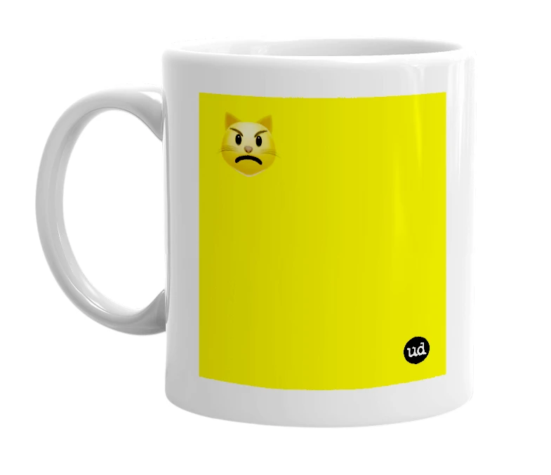 White mug with '😾' in bold black letters
