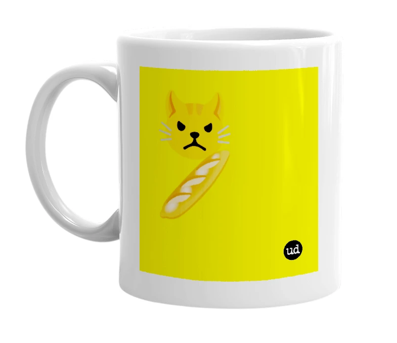 White mug with '😾🥖' in bold black letters