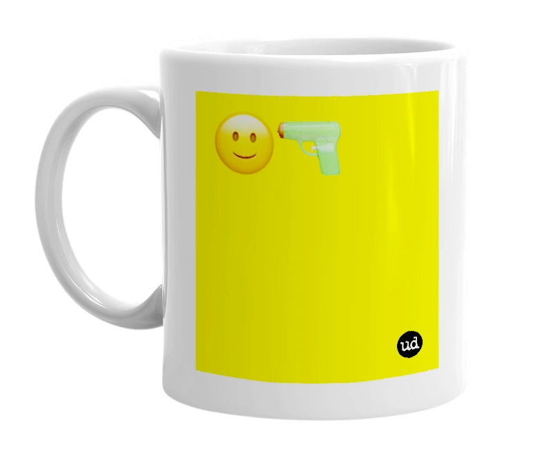 White mug with '🙂🔫' in bold black letters