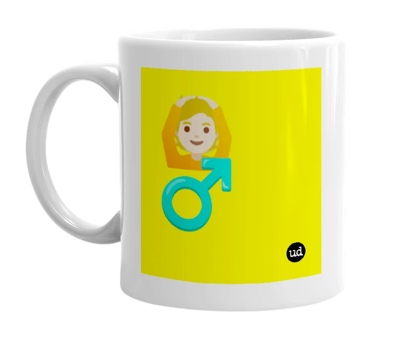 White mug with '🙆🏼 ♂️' in bold black letters