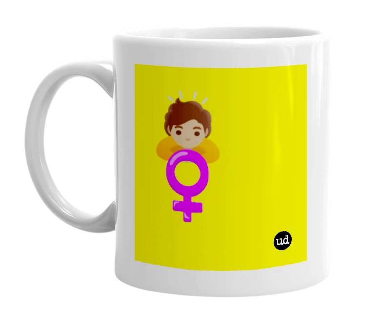 White mug with '🙇🏽 ♀️' in bold black letters
