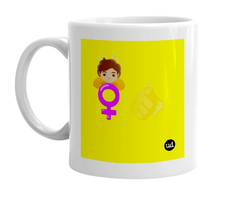White mug with '🙇🏽 ♀️🫵' in bold black letters