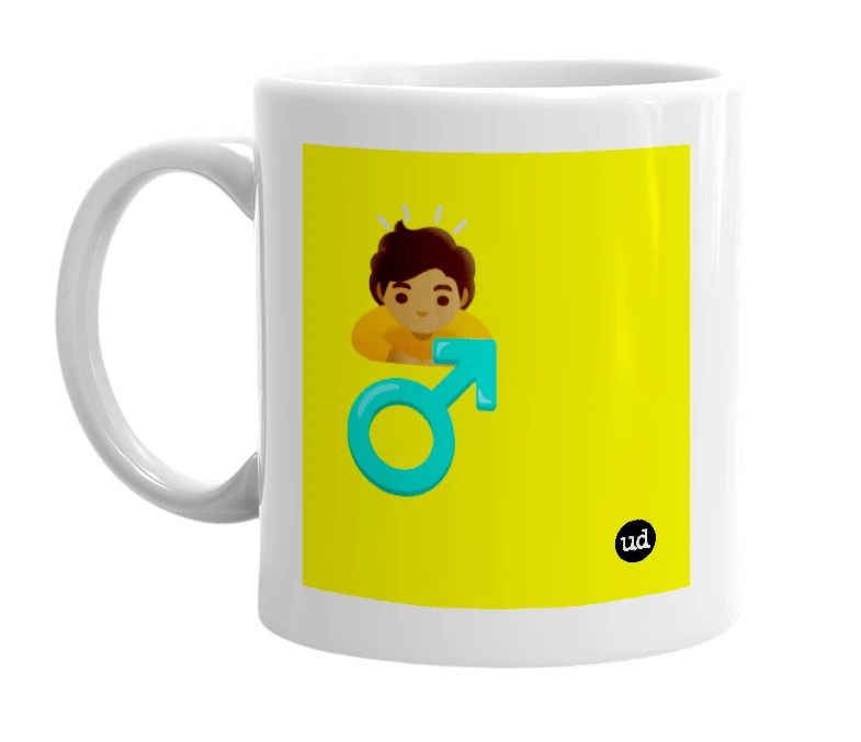 White mug with '🙇🏾 ♂️' in bold black letters