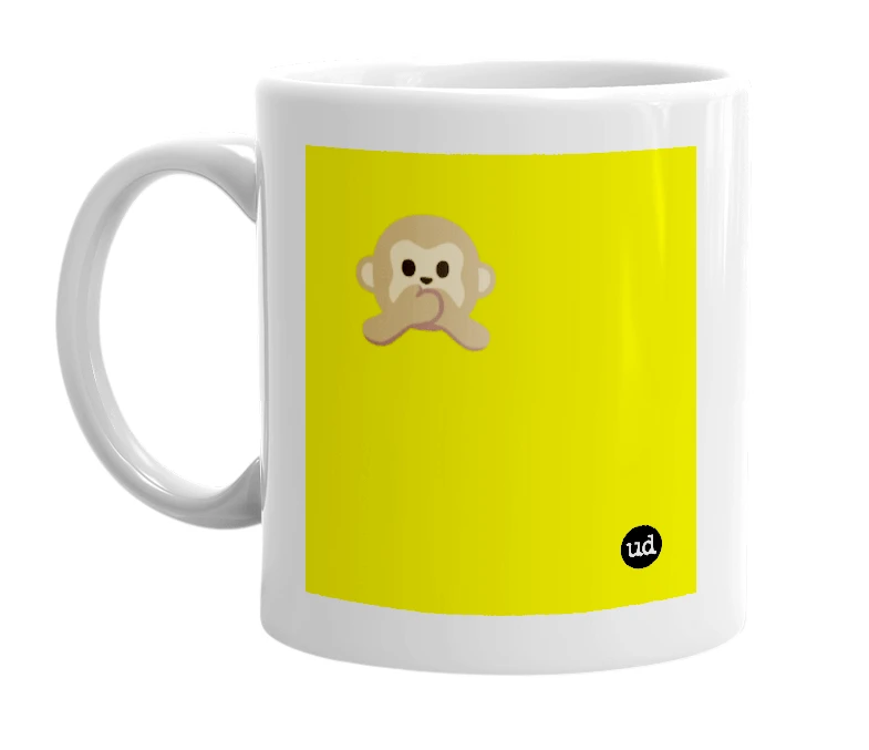 White mug with '🙊' in bold black letters