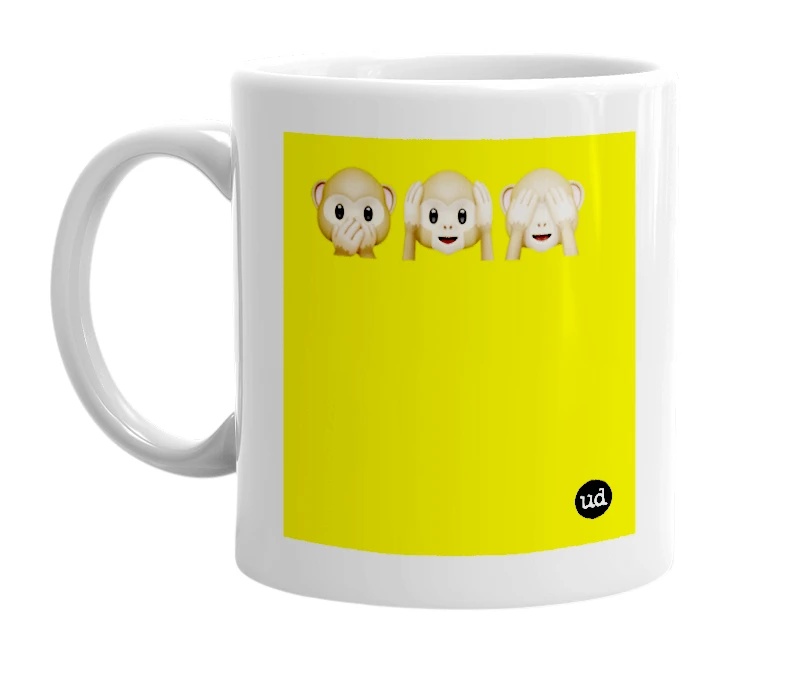 White mug with '🙊🙉🙈' in bold black letters