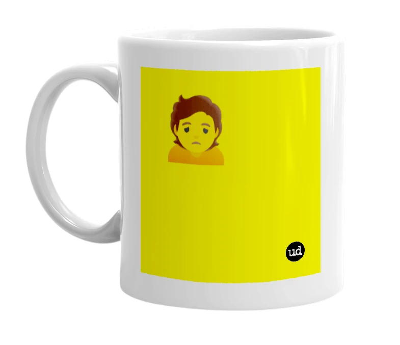 White mug with '🙍' in bold black letters