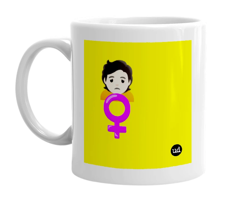 White mug with '🙍🏻 ♀️' in bold black letters
