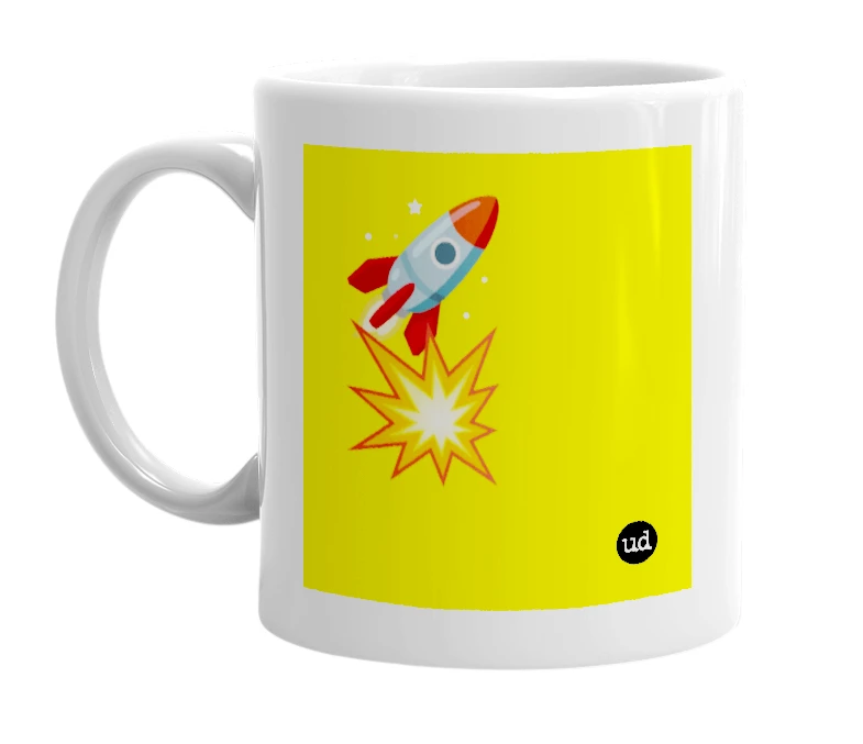 White mug with '🚀💥' in bold black letters