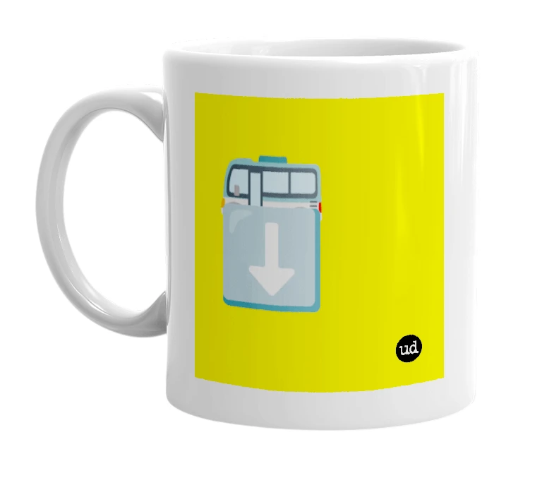 White mug with '🚌⬇️' in bold black letters