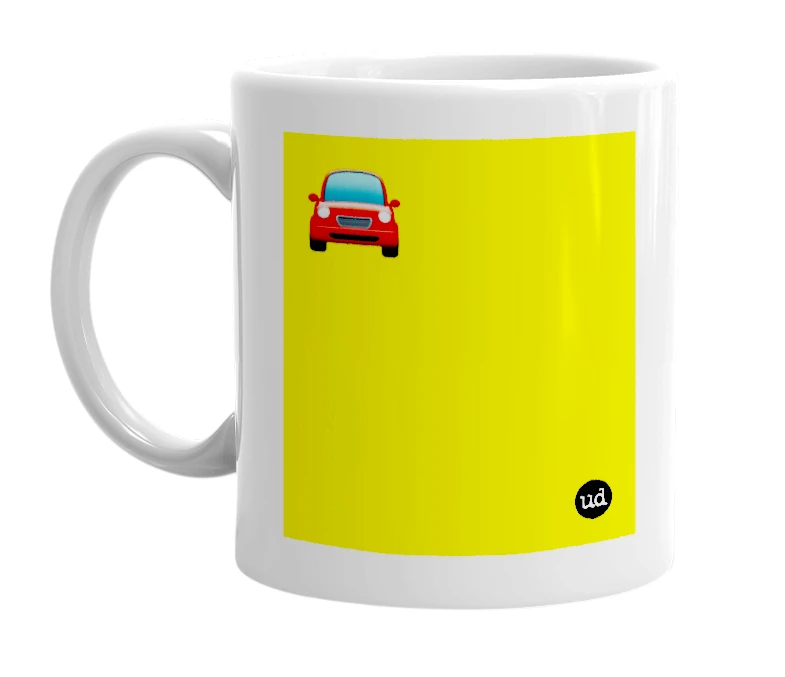 White mug with '🚘' in bold black letters