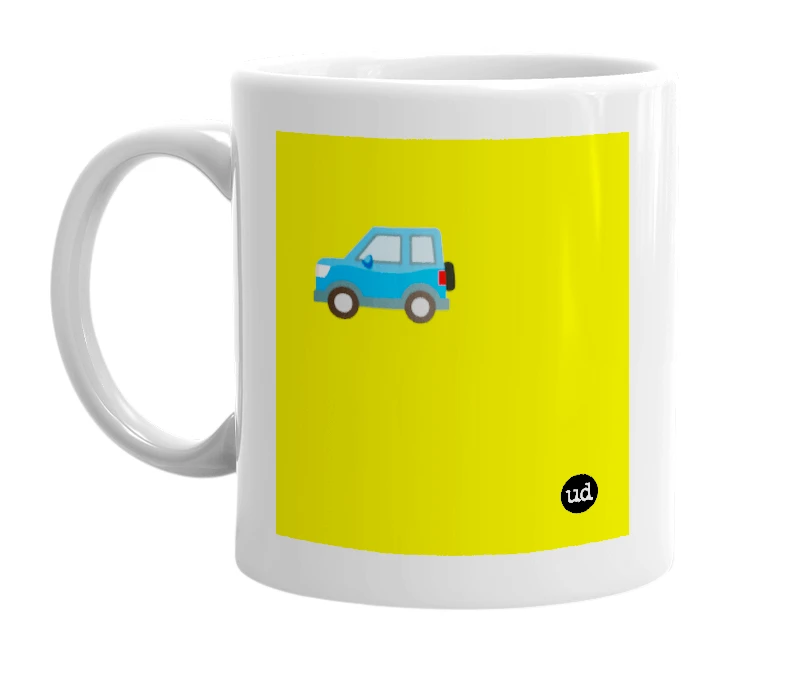 White mug with '🚙' in bold black letters