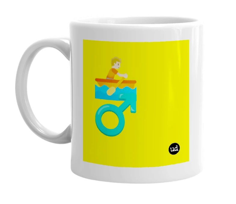 White mug with '🚣🏼 ♂️' in bold black letters