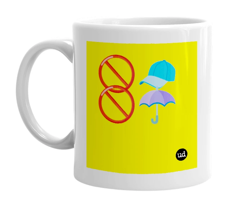 White mug with '🚫🧢🚫☂️' in bold black letters