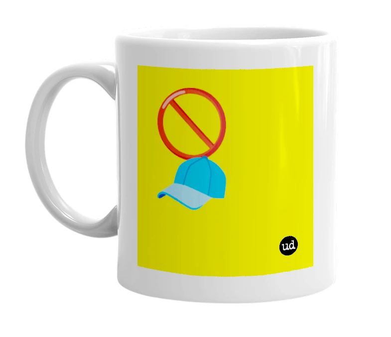 White mug with '🚫🧢' in bold black letters