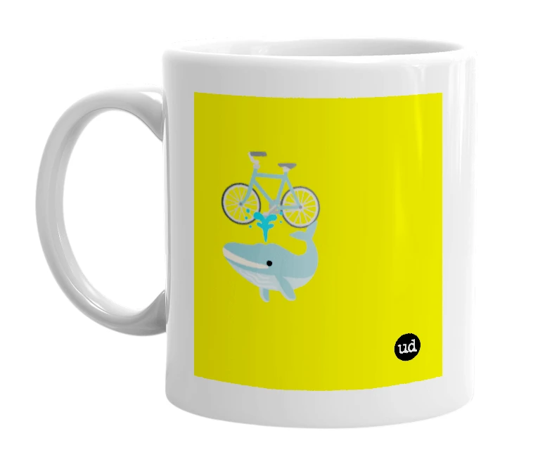 White mug with '🚲🐳' in bold black letters