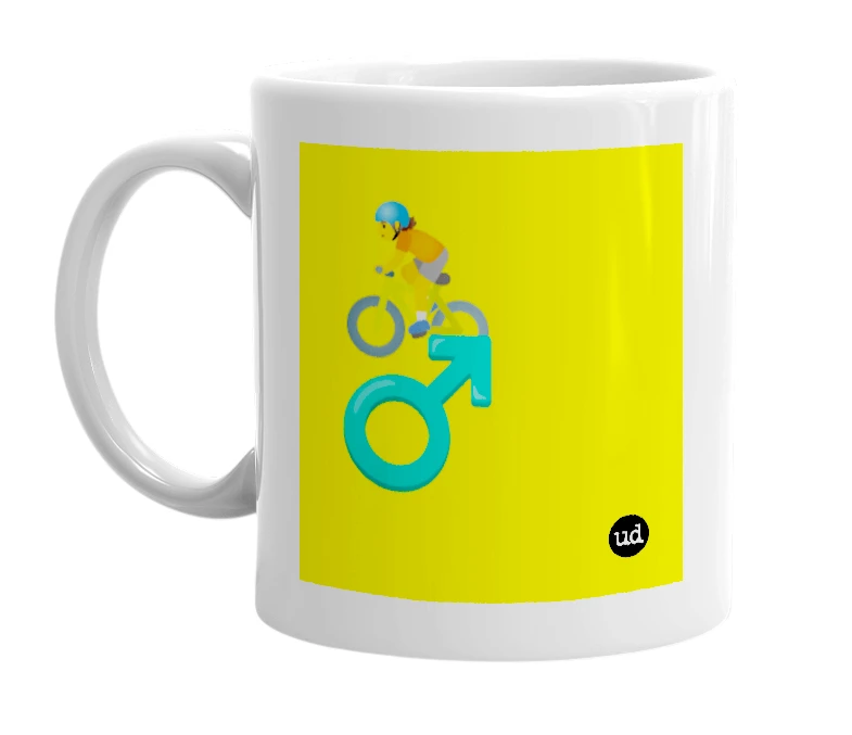 White mug with '🚴 ♂️' in bold black letters